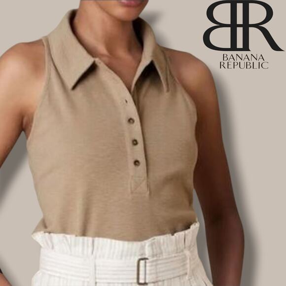 Banana Republic Women’s Brown Sleeveless Polo Top Large Cotton Spandex - Picture 6 of 7